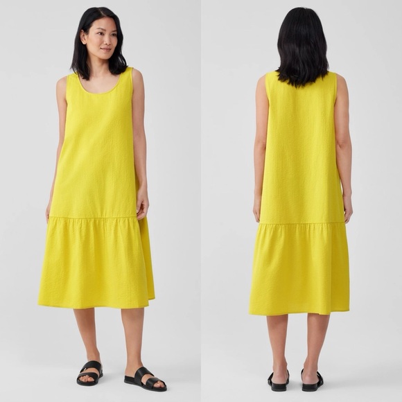Eileen Fisher Organic Cotton Ripple Tiered Dress in Sunbeam - Picture 1 of 13